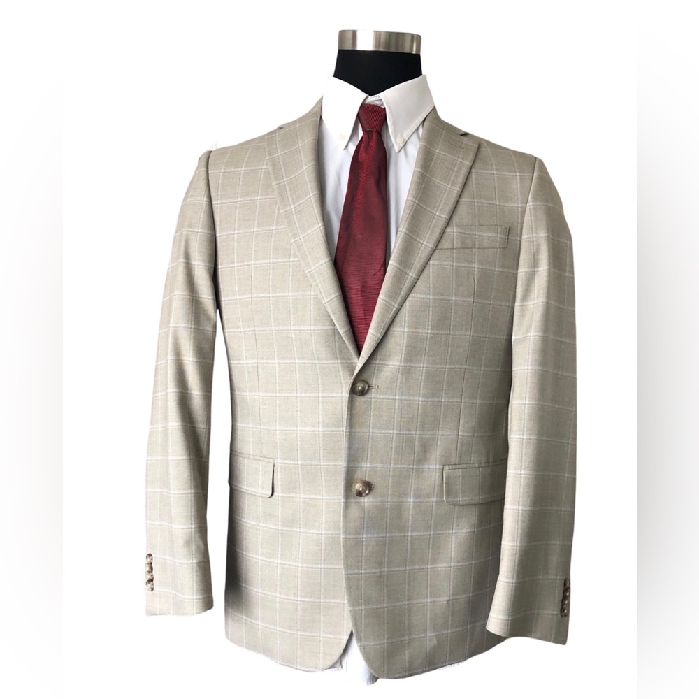 Tommy Hilfiger Mens Stretch Sport Coat Blazer Size 40R Tan Windowpane Poly Blend